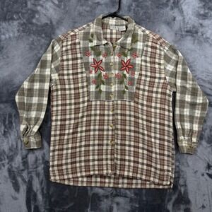 First Class Plaid Button Down Womens Medium Brown Floral Embroidered Cotton
